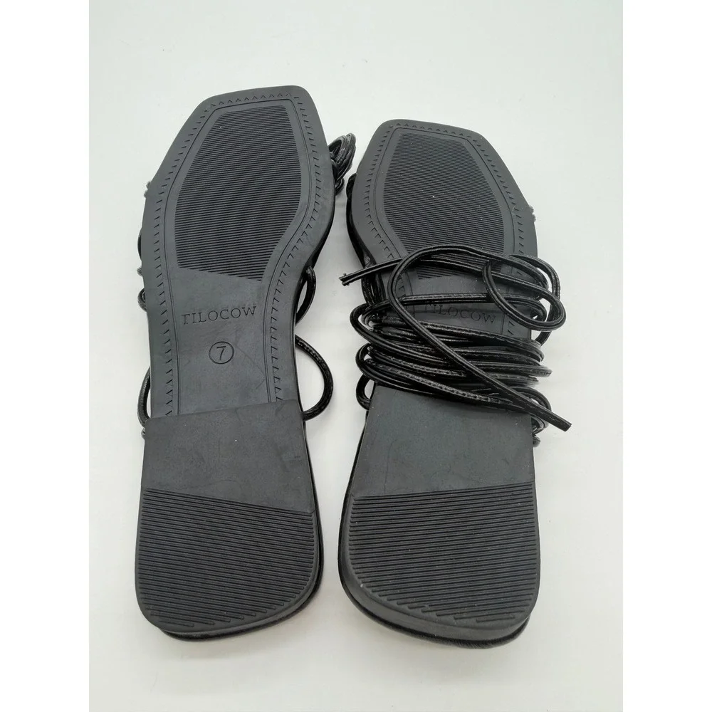 Tilocow Black Lace Up Sandals Square Toe Strappy Gladiator Flats Womens 7